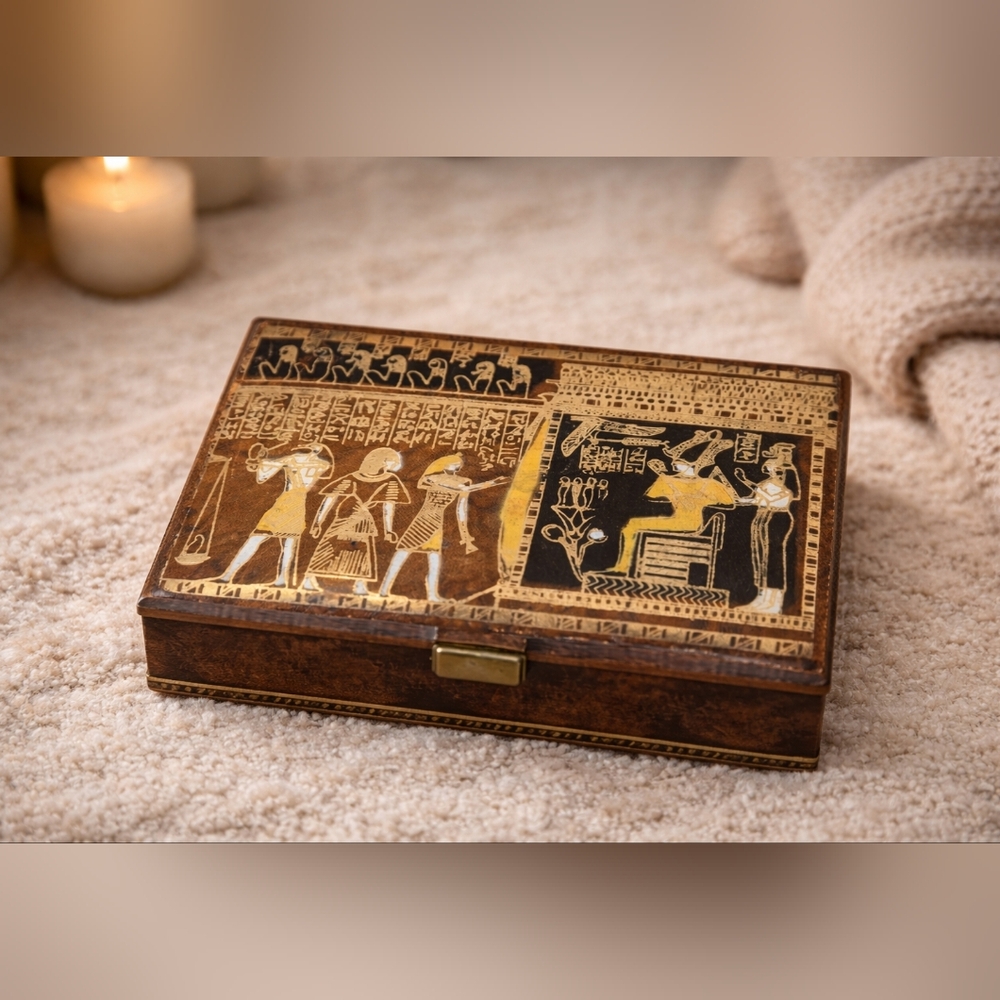 Egyptian Motif Decorative Jewelry Box – Faux Leather – 7.5” – Lock Broken